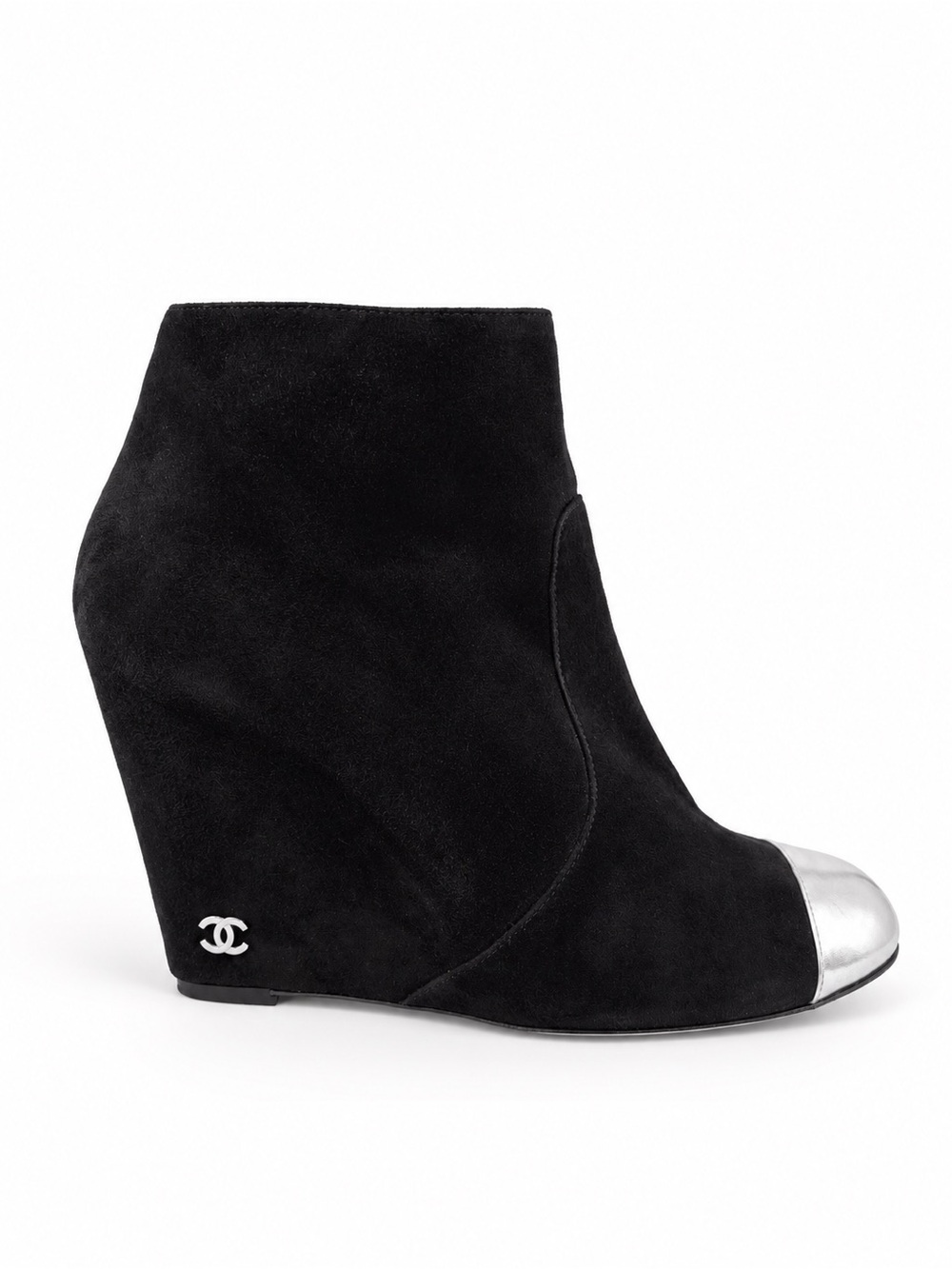 CHANEL Black Suede Silver Cap Toe Hidden Wedge Ankle Boots 40